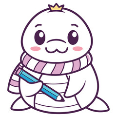 Kawaii Seal Cartoon with Crown and Scarf Holding Pencil on Transparent Background