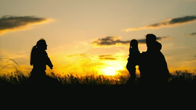 Happy child running towards mom, evening sky glowing, joyful family gathering, parents&rsquo; unconditional love, serene outdoor landscape, emotional connection under golden sky, peaceful nature setting