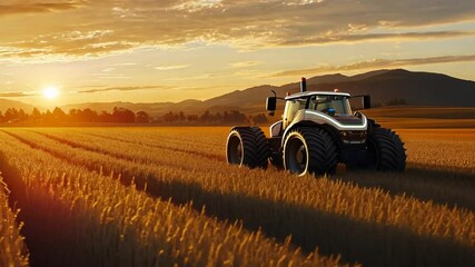 Autonomous Tractor in Golden Wheat Field at Sunset - Powered by Adobe