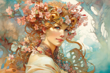 painting of a girl with a flower wreath, stylized as watercolor.  