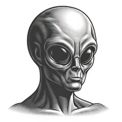 a close-up illustration drawing of an alien's head with big dark eyes