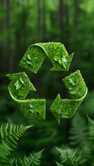 Green recycle symbol made of foliage on a forest background
