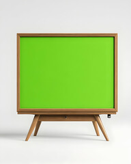 Green screen display with wooden frame, set on white