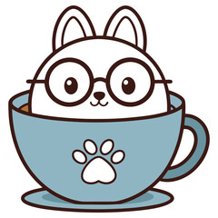 Cute White Kitten with Glasses in a Blue Cup with Paw Print