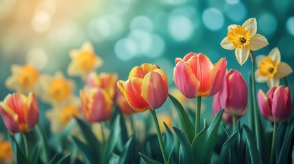 A wallpaper filled with vibrant tulips and daffodils against a soft, sunny background, capturing the essence of a cheerful spring day