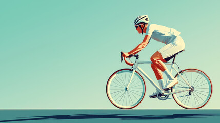 Fototapeta premium cyclist in sleek white outfit rides road bike against minimalist background, showcasing determination and focus. scene captures essence of speed and athleticism
