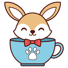 Cute Cartoon Fox in Blue Cup with Bow Tie and Paw Print, Kawaii Style Design