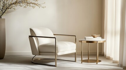 A stylish modern armchair in a serene, minimalistic interior with soft lighting and elegant decor.