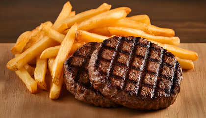 Grilled burgers and fries on a wooden board