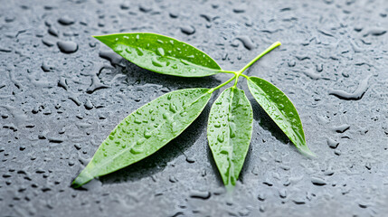 Green leaf with water drops sits on dark surface