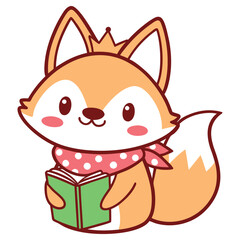 Cartoon Fox Reading Book Isolated On White. Cute Animal Character Design