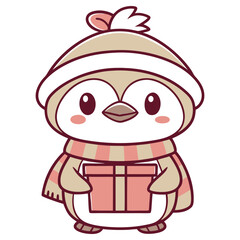 Cute Penguin Cartoon Character with Gift and Scarf on White Background