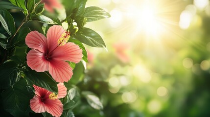 A tropical summer wallpaper with vivid hibiscus flowers, lush greenery, and warm sunlight streaming through, creating a relaxing vacation feel