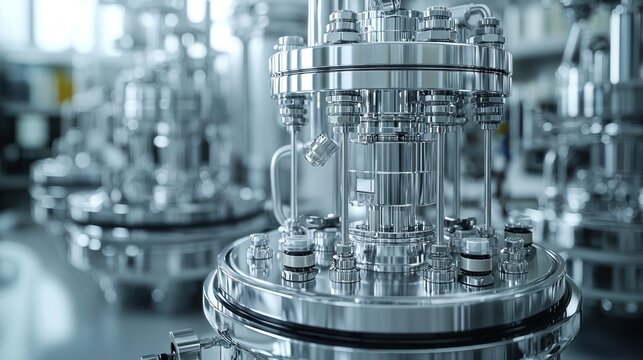 Stainless steel bioreactor in pharmaceutical lab; background shows more equipment; for science/industry websites
