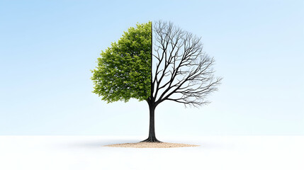 Half-alive, half-dead tree on a white background, symbolizing change or duality