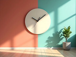 Minimalist Room Interior – Off-White Round Clock on Coral and Teal Wall with Wooden Floor
