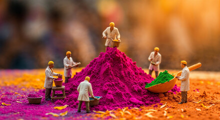 Miniature Scientists Experimenting with Holi Gulal Powders in a Vibrant Festival Scene