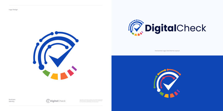 Digital check logo icon design vector, circle with checkmark colorful semicircle cut, symbol checks for technology, data, pixel, cyber security, software, verified verification, checker brand identity