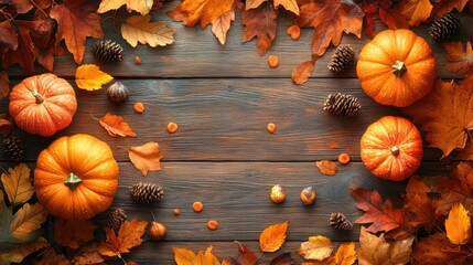 A beautiful autumn wallpaper with golden and orange fallen leaves, pumpkins, and rustic textures, creating a warm and cozy vibe