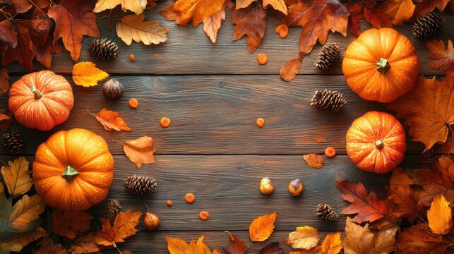 A beautiful autumn wallpaper with golden and orange fallen leaves, pumpkins, and rustic textures, creating a warm and cozy vibe