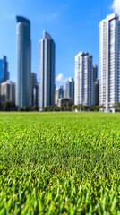 Green grass park, cityscape background, urban oasis, tranquility, advertising