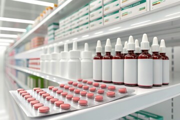 Obraz premium Bottles and Tablets Arranged on a Pharmacy Shelf Generative AI