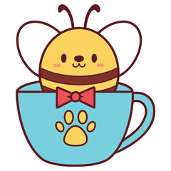 Kawaii Bee Character in Blue Cup with Paw Print, Bow Tie, Isolated