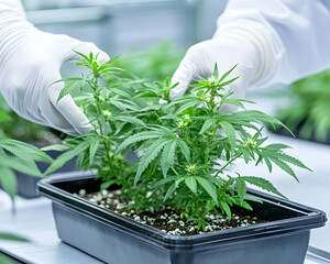 Hands in gloves tending to young cannabis plants in a controlled environment