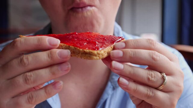 Hands and mouth of woman eating toast with red jam spread across it, licks fingers