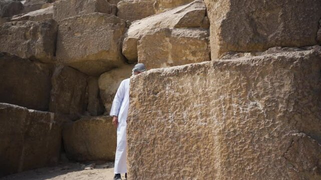 A man wearing a white robe and headscarf stands near the base of the Great Pyramid of Giza, touching its large limestone blocks. The image highlights the architectural grandeur of ancient Egypt.