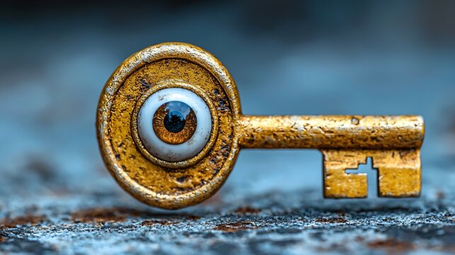 Golden Key Eye Symbolism Metaphorical Exploration Secret Vision Unlock Mystery Discovery.