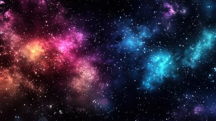 Naklejka premium Colorful nebulae, swirling cosmic dust clouds, and scattered stars in deep space.