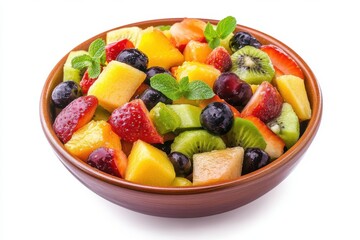 A bowl of fresh fruit salad, isolated on white background.