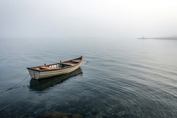 Naklejka premium Calm Boat Floating in Misty Waters at Dawn Generative AI