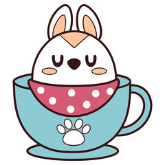 Adorable Cartoon Puppy in Teacup with Paw Print and Bandana Design