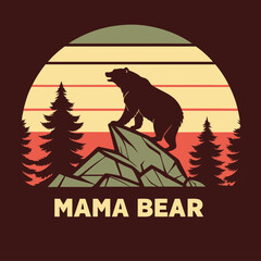 Mama Bear Silhouette on Mountain Peak at Sunset, Retro Design