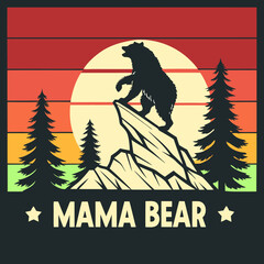 Mama Bear Silhouette on Mountain Peak at Sunset, Retro Design