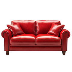 Fototapeta premium A red leather sofa with two cushions and two pillows.