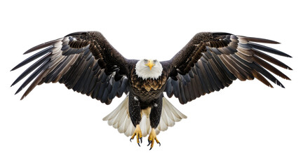 Obraz premium Majestic bald eagle gliding with open wings on transparent background