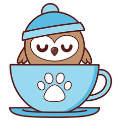 Cute Cartoon Owl in a Blue Cup with Paw Print Wearing Beanie on White