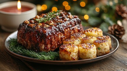 A beautifully plated holiday meal featuring a glazed meatloaf and golden roasted potatoes on a rustic wooden table surrounded by festive decor