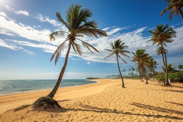 Beautiful Sandy Beach With Palm Trees and Clear Blue Sky Generative AI