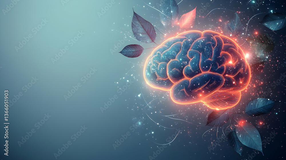 Canvas Prints a light pastel background with glowing brain outlines, floating leaves and minimal abstract ribbons 