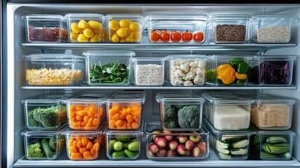 Organized food storage featuring borosilicate glass containers highlights the importance of freshness and presentation in a refrigerator filled with.