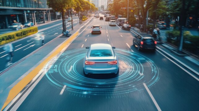 An AI powered autonomous car navigating city streets, adjusting to traffic conditions, and ensuring a safe driving experience