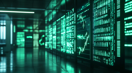 Green digital data streams displayed on numerous screens in a dark room, showcasing technological advancement and information processing, representing the modern digital landscape