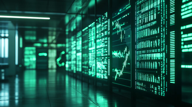 Green digital data streams displayed on numerous screens in a dark room, showcasing technological advancement and information processing, representing the modern digital landscape
