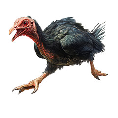 a zombie chicken with its mouth open and talons outstretched.