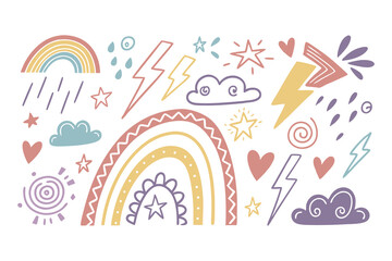Whimsical Crayon Doodle Set. Hand-Drawn Abstract Shapes Featuring Hearts, Rainbows, Stars, Clouds, Lightning, and Playful Geometric Elements with Childlike Artistic Charm Vector Illustration