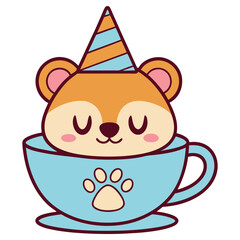 Cute Kawaii Hamster in Teacup with Party Hat Isolated on White Background